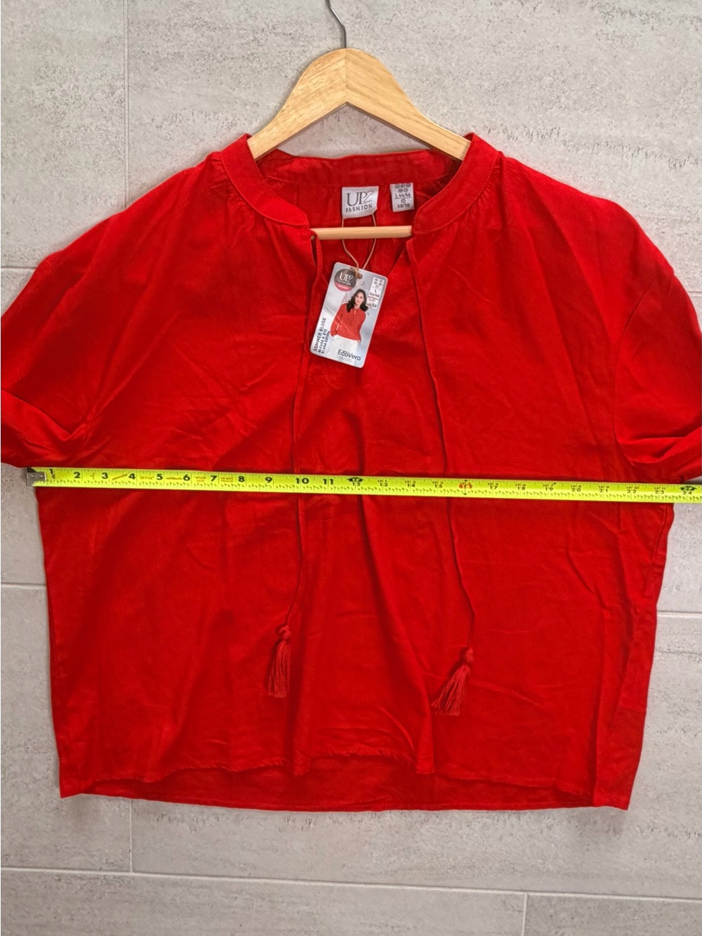UP2 Fashion Red EcoVero Linen Blend Tassel Tie Blouse Top L NWT - Picture 6 of 10